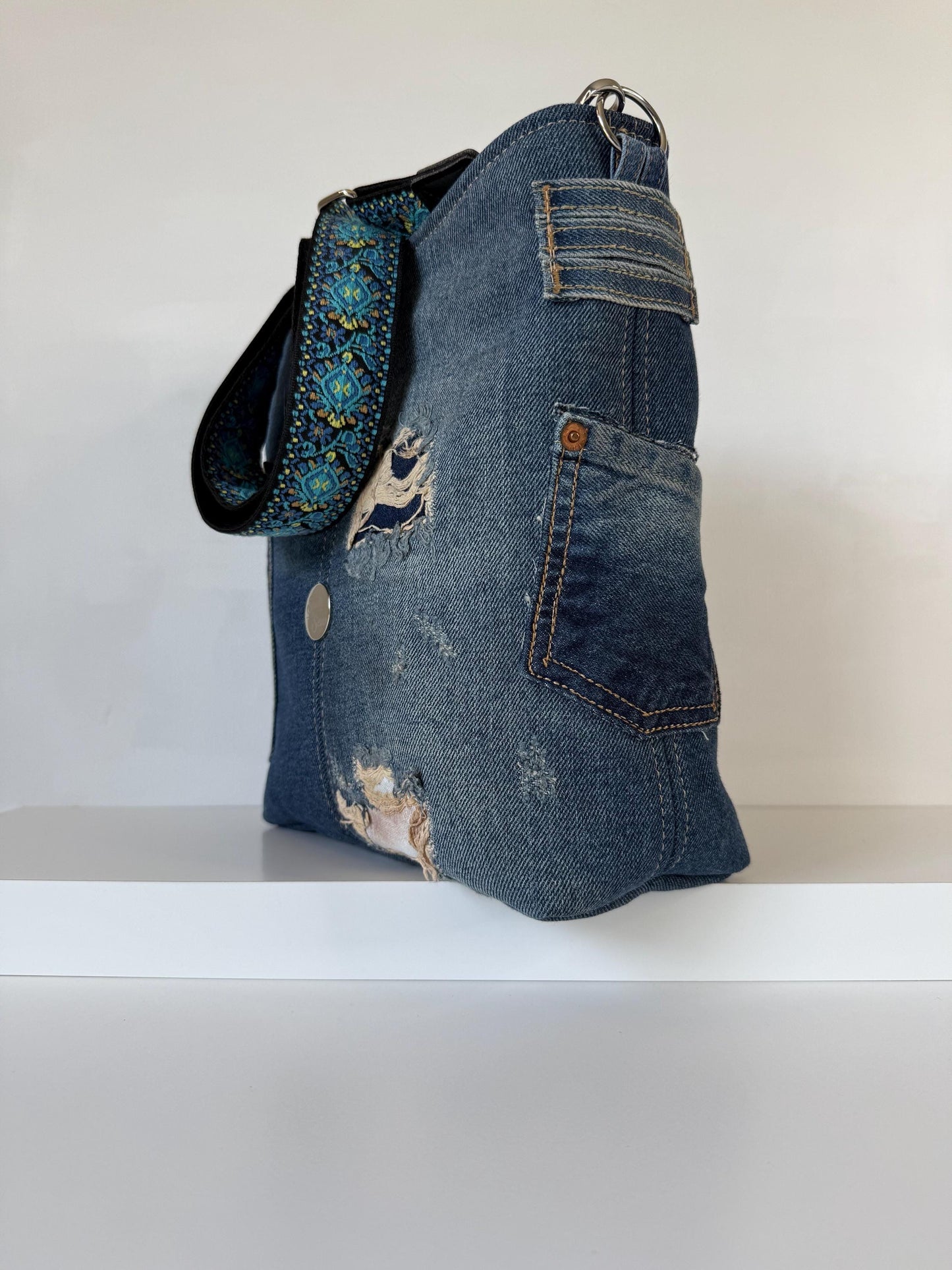 Upcycled Denim Crossbody Compass Bag Purse (CB8)