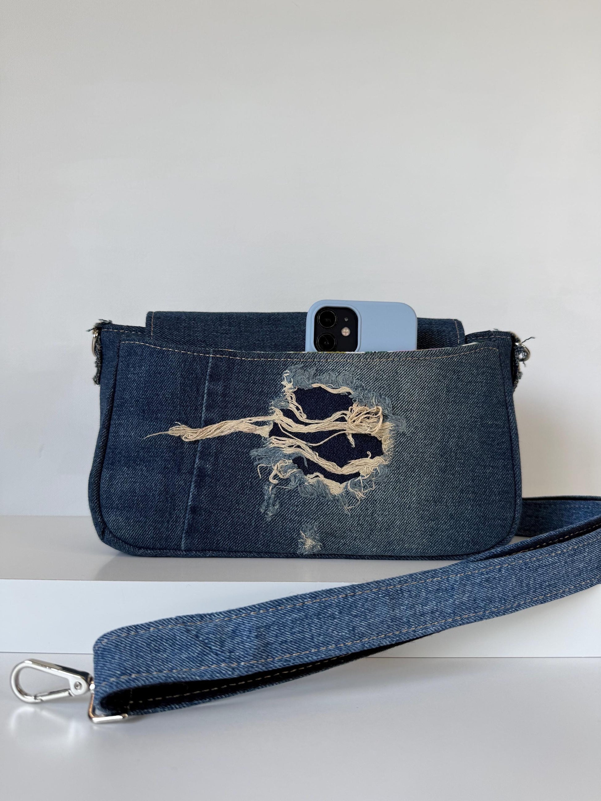 Upcycled Denim Saddlebag Purse – Handmade, One-of-a-Kind