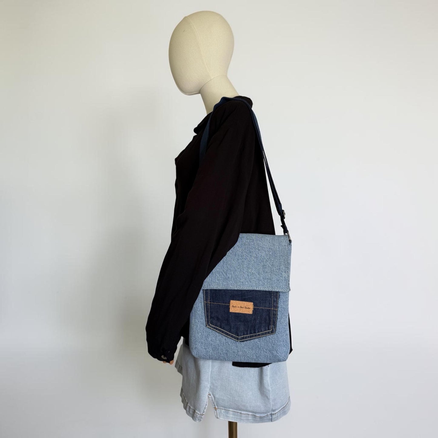 Upcycled Denim Messenger Bag With Anti-Theft Wallet