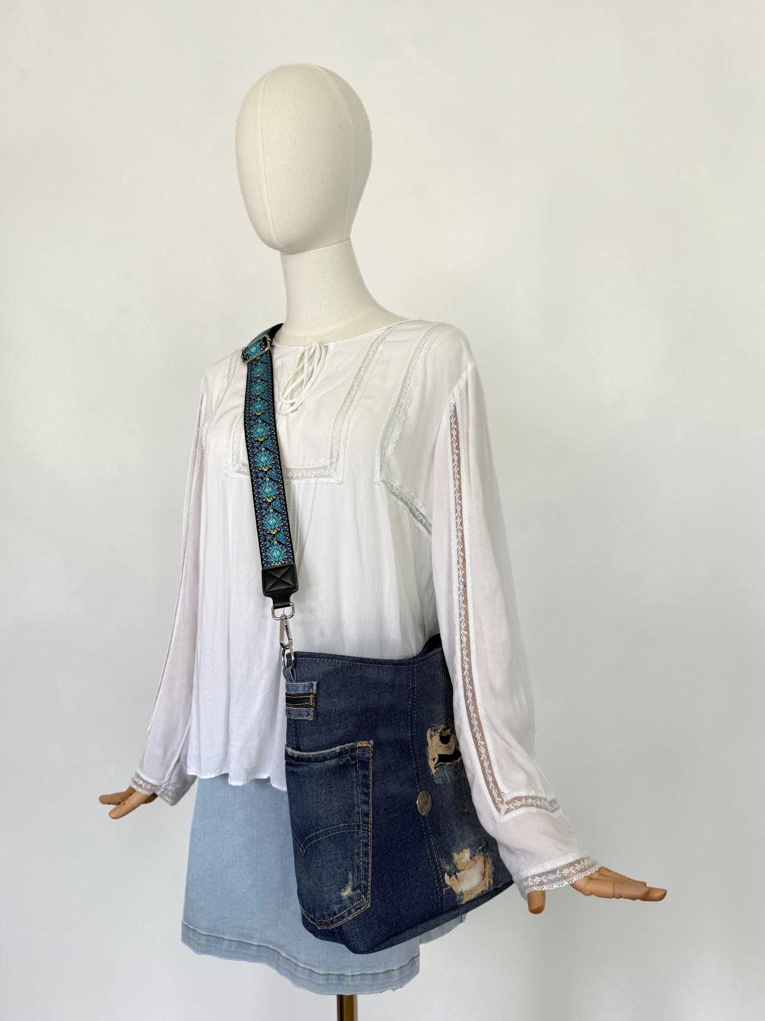 Upcycled Denim Crossbody Compass Bag Purse (CB8)