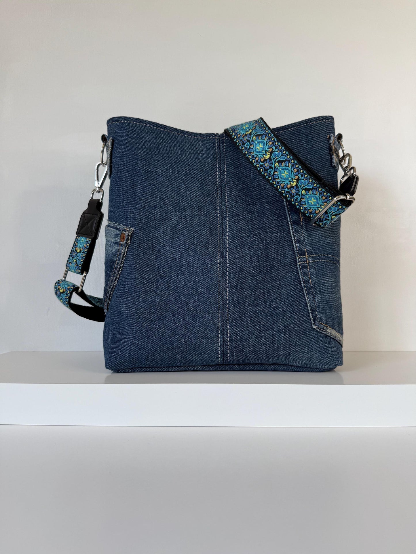 Upcycled Denim Crossbody Compass Bag Purse (CB8)
