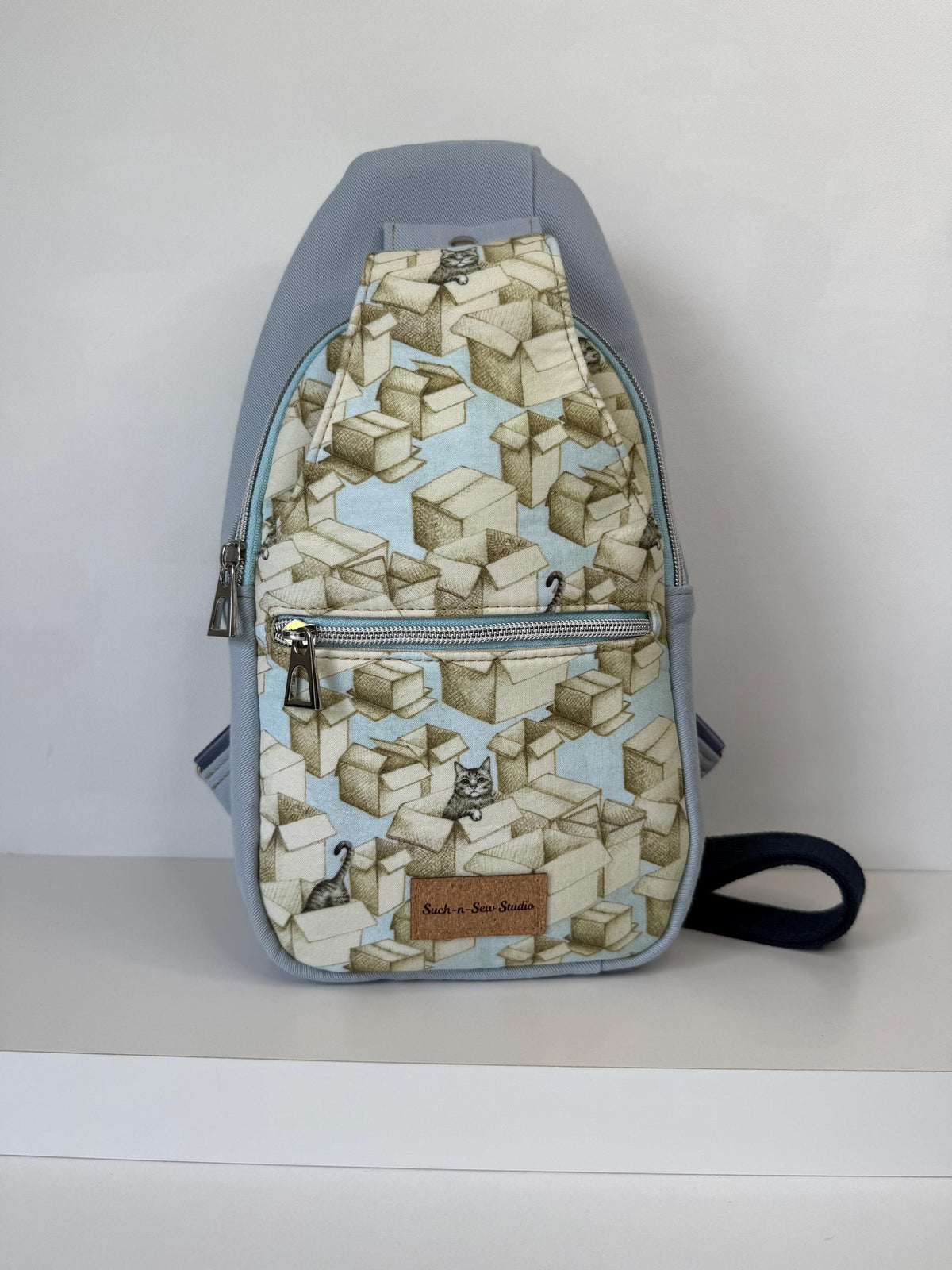 Grey Tabby Cat in Boxes Retro Style Sling Bag