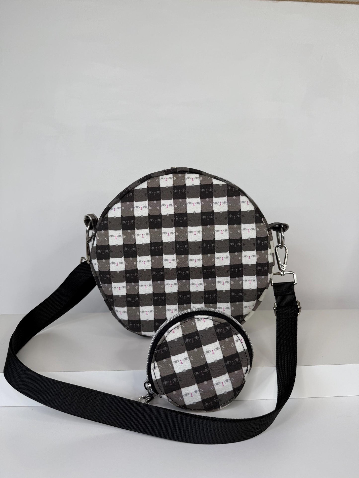 Cat Gingham Circle Crossbody Bag Purse