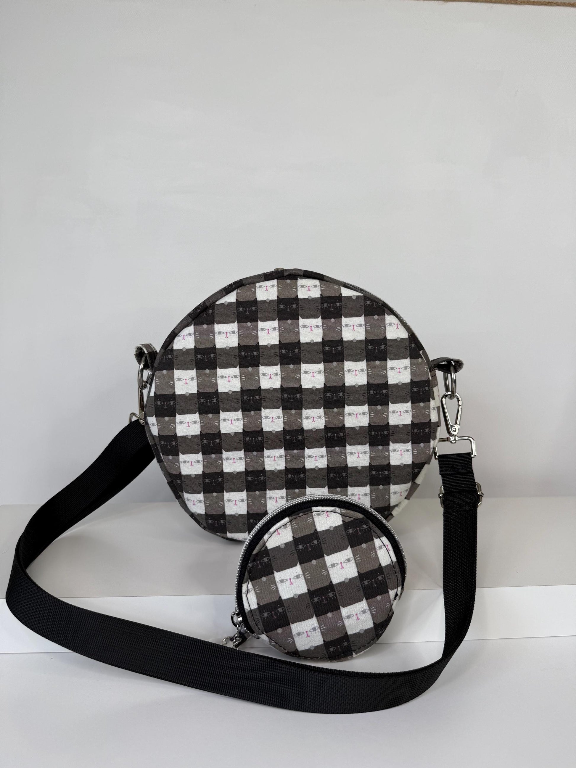 Cat Gingham Circle Crossbody Bag Purse