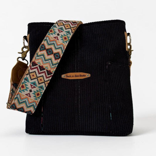 Black Corduroy Crossbody Compass Bag