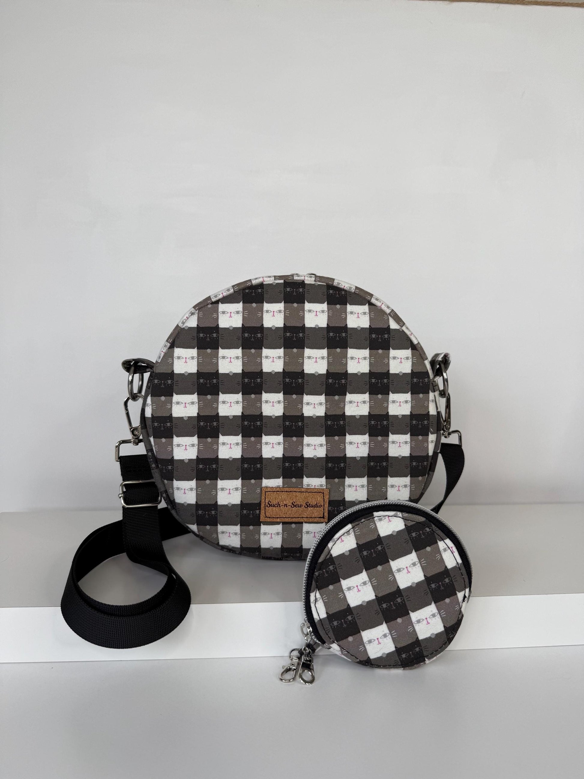 Cat Gingham Circle Crossbody Bag Purse