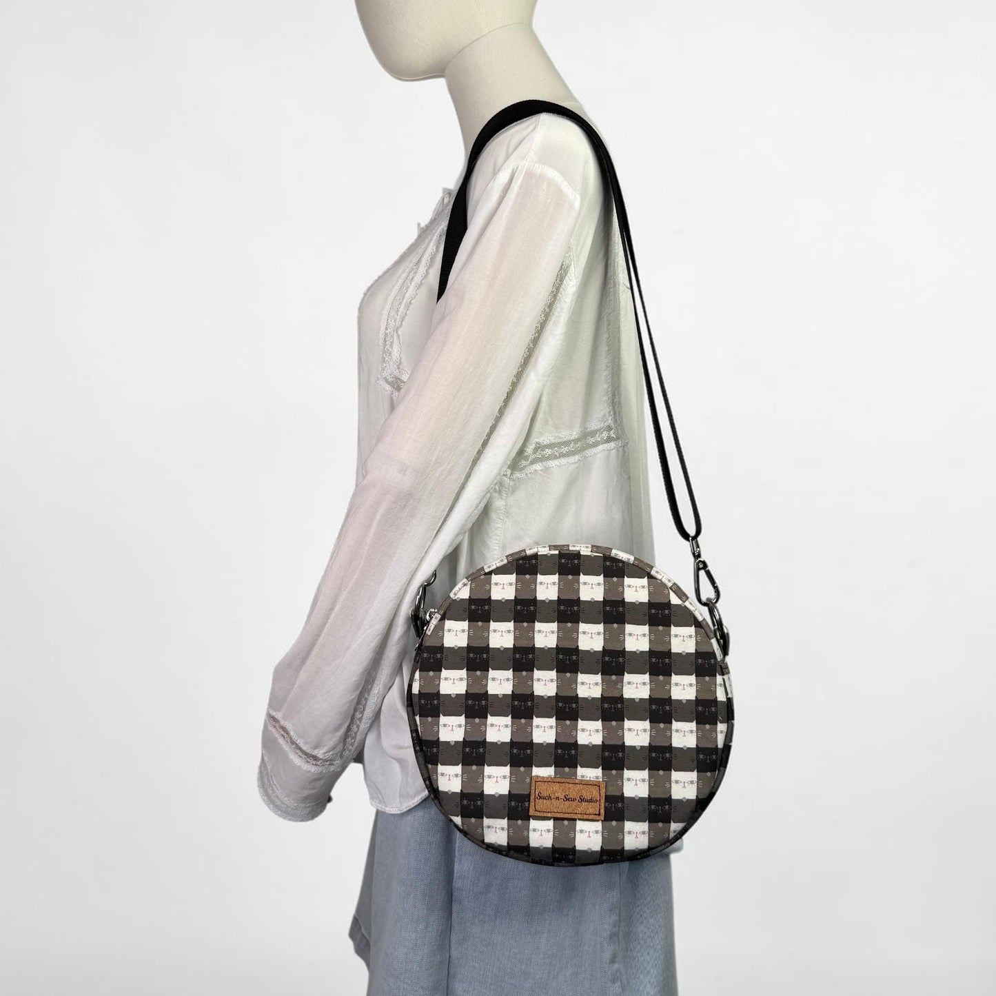 Cat Gingham Circle Crossbody Bag Purse