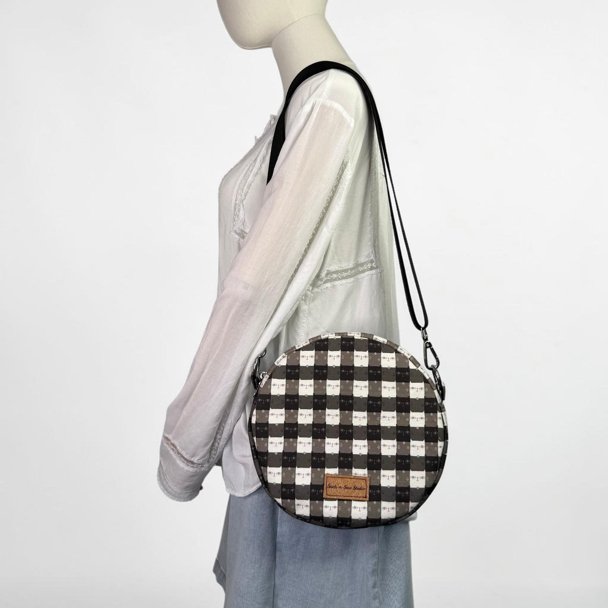 Cat Gingham Circle Crossbody Bag Purse