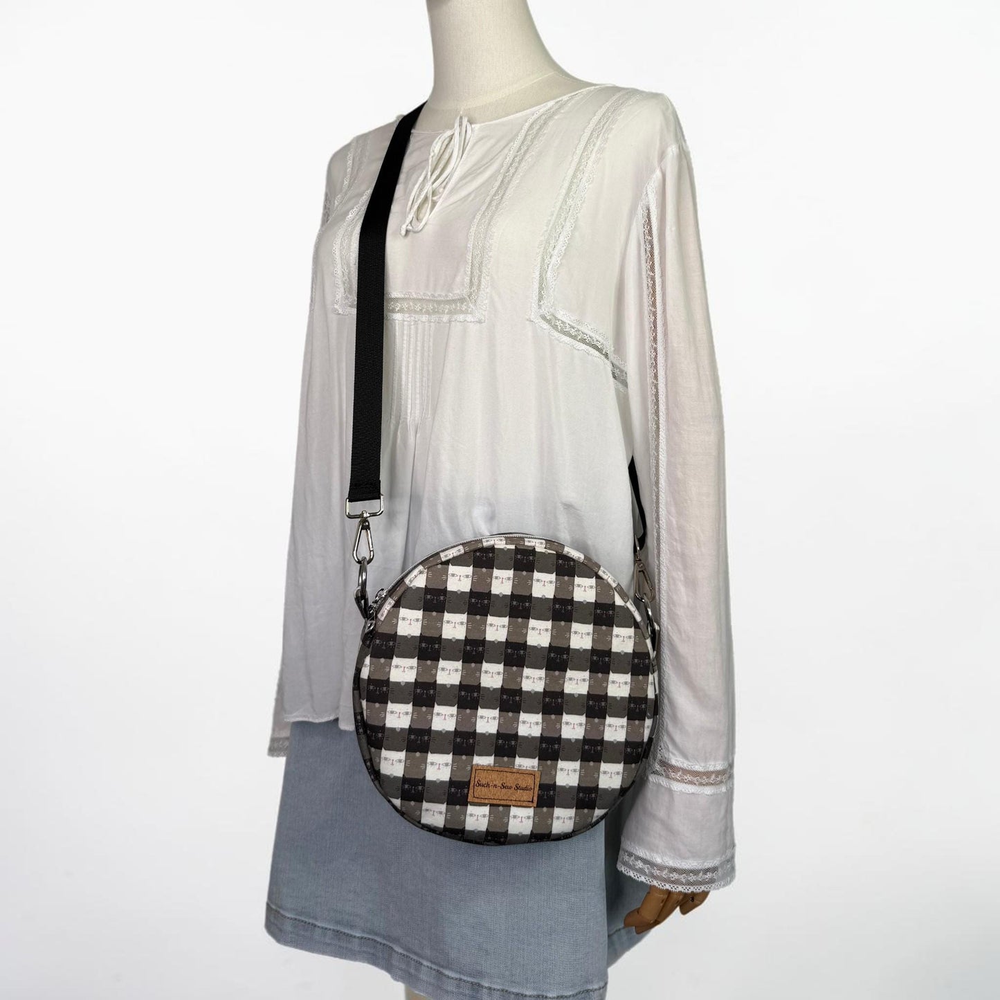 Cat Gingham Circle Crossbody Bag Purse