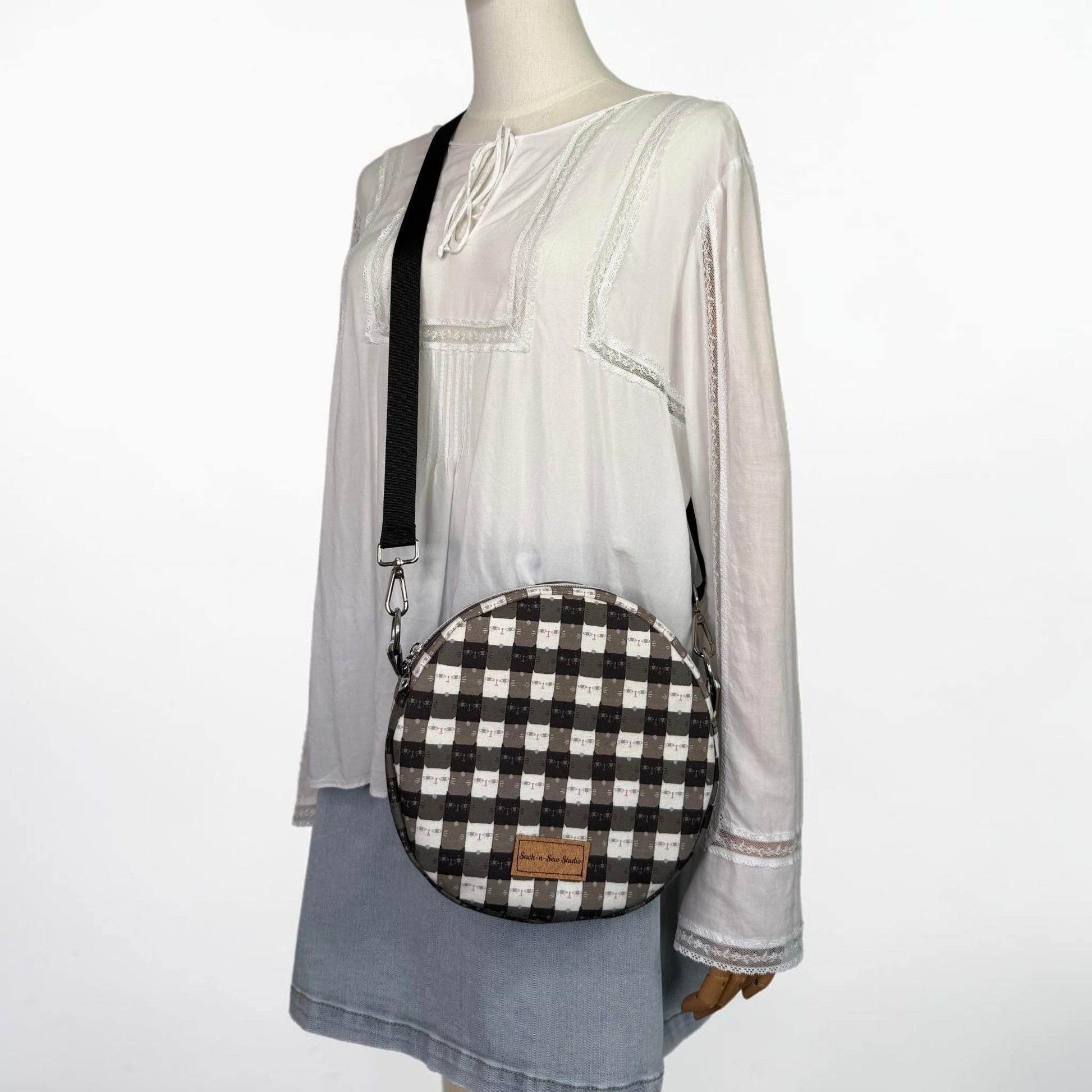 Cat Gingham Circle Crossbody Bag Purse