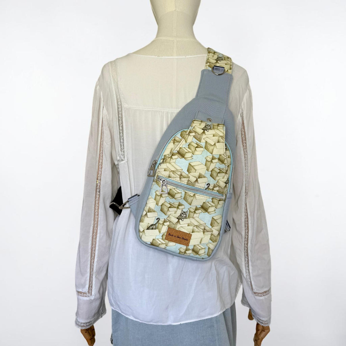 Grey Tabby Cat in Boxes Retro Style Sling Bag