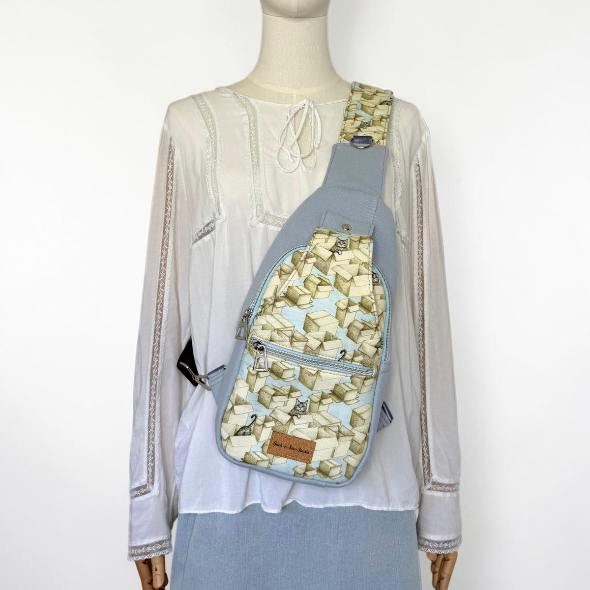 Grey Tabby Cat in Boxes Retro Style Sling Bag