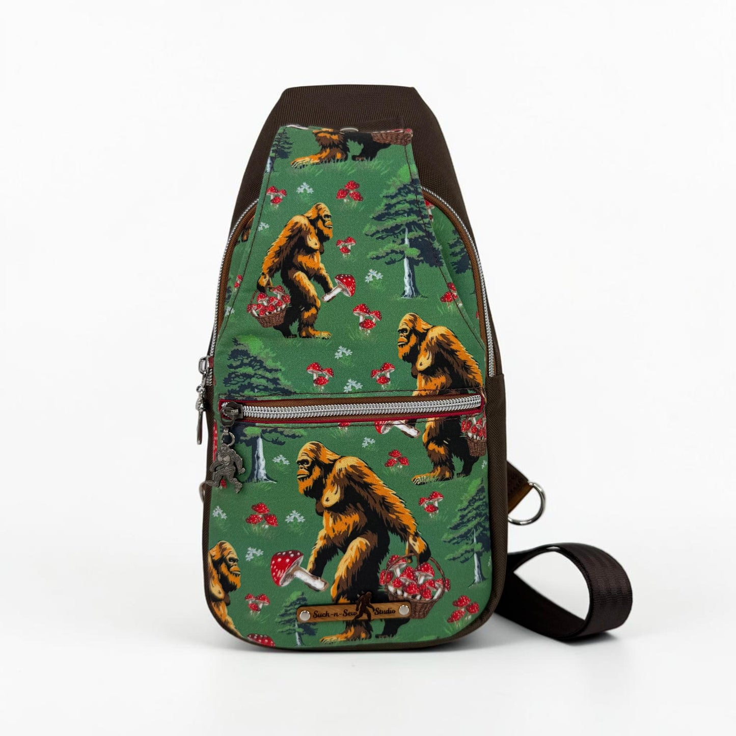 Bigfoot Picking Mushrooms Sling Bag Crossbody Retro Style