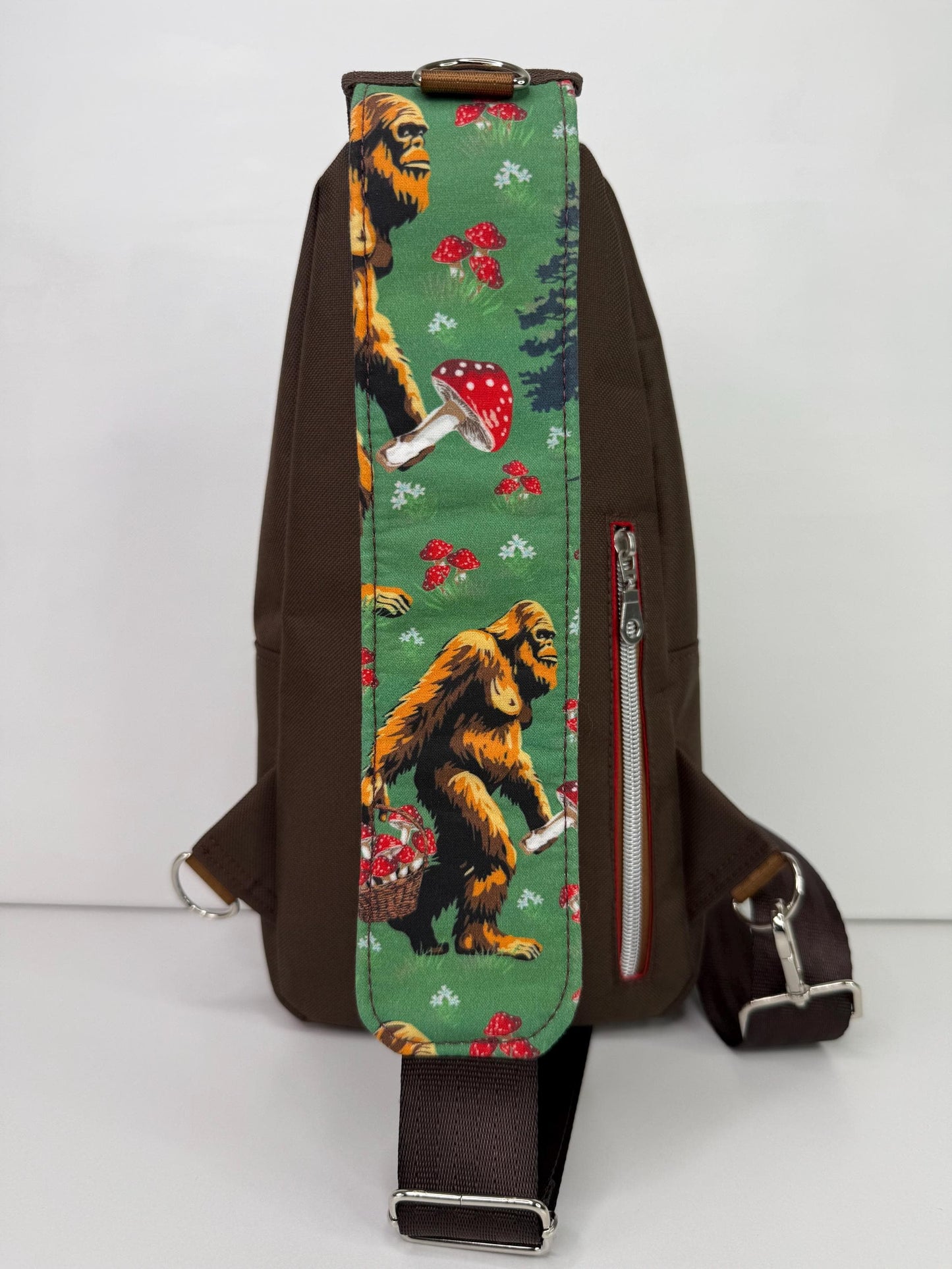 Bigfoot Picking Mushrooms Sling Bag Crossbody Retro Style