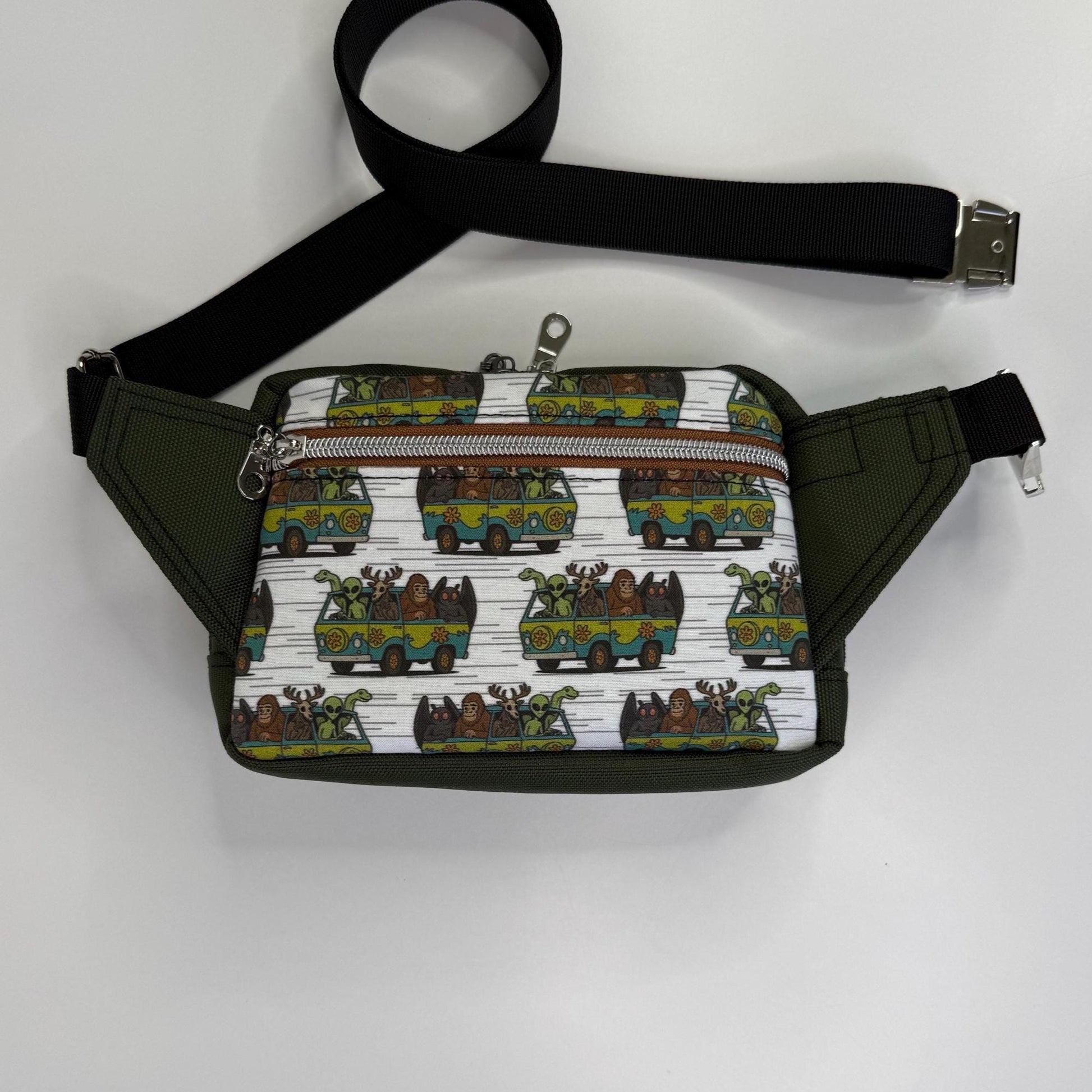 Cryptids Riding in Mystery Machine Sling Bag Waist Fanny Pack