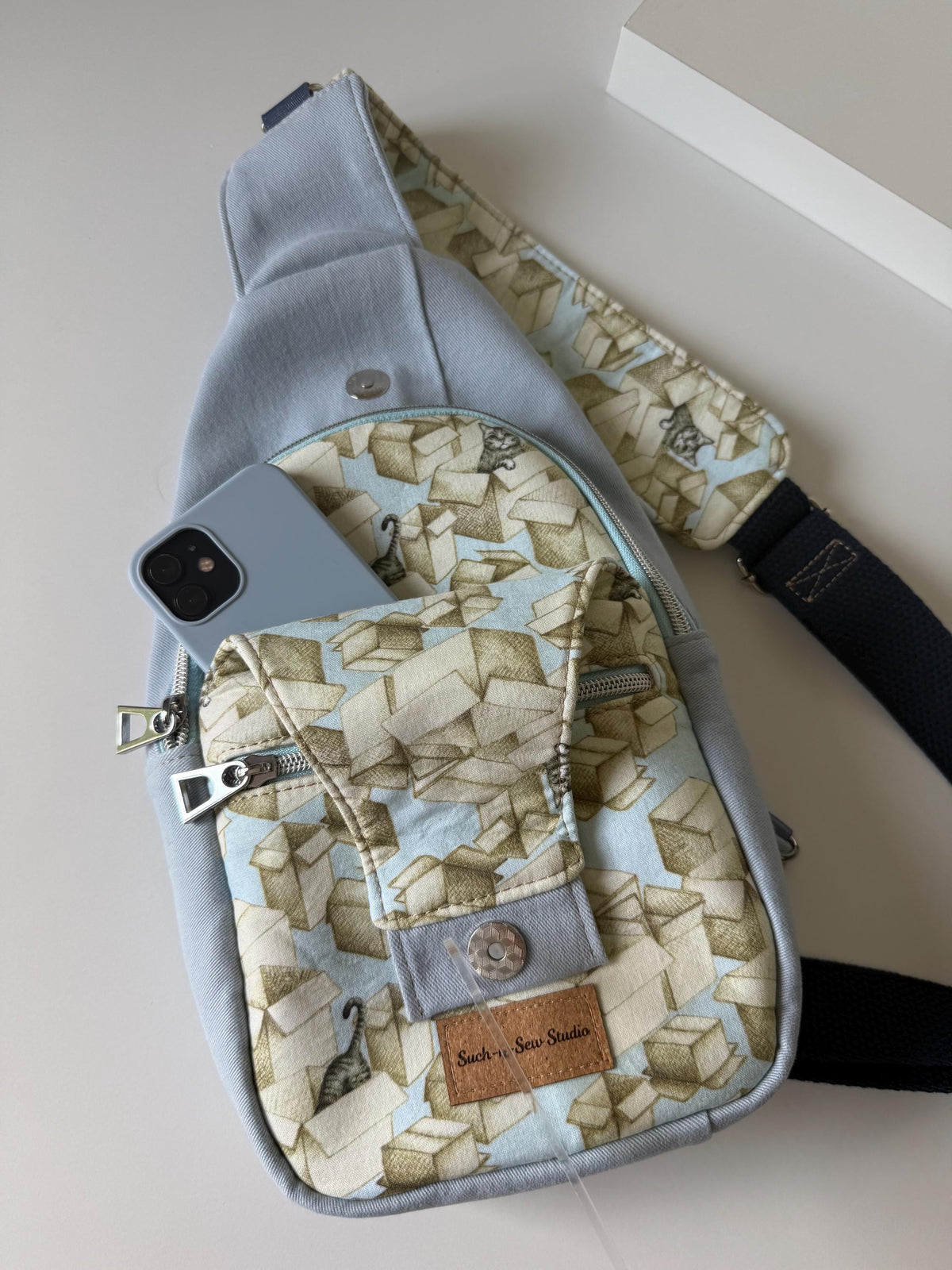 Grey Tabby Cat in Boxes Retro Style Sling Bag