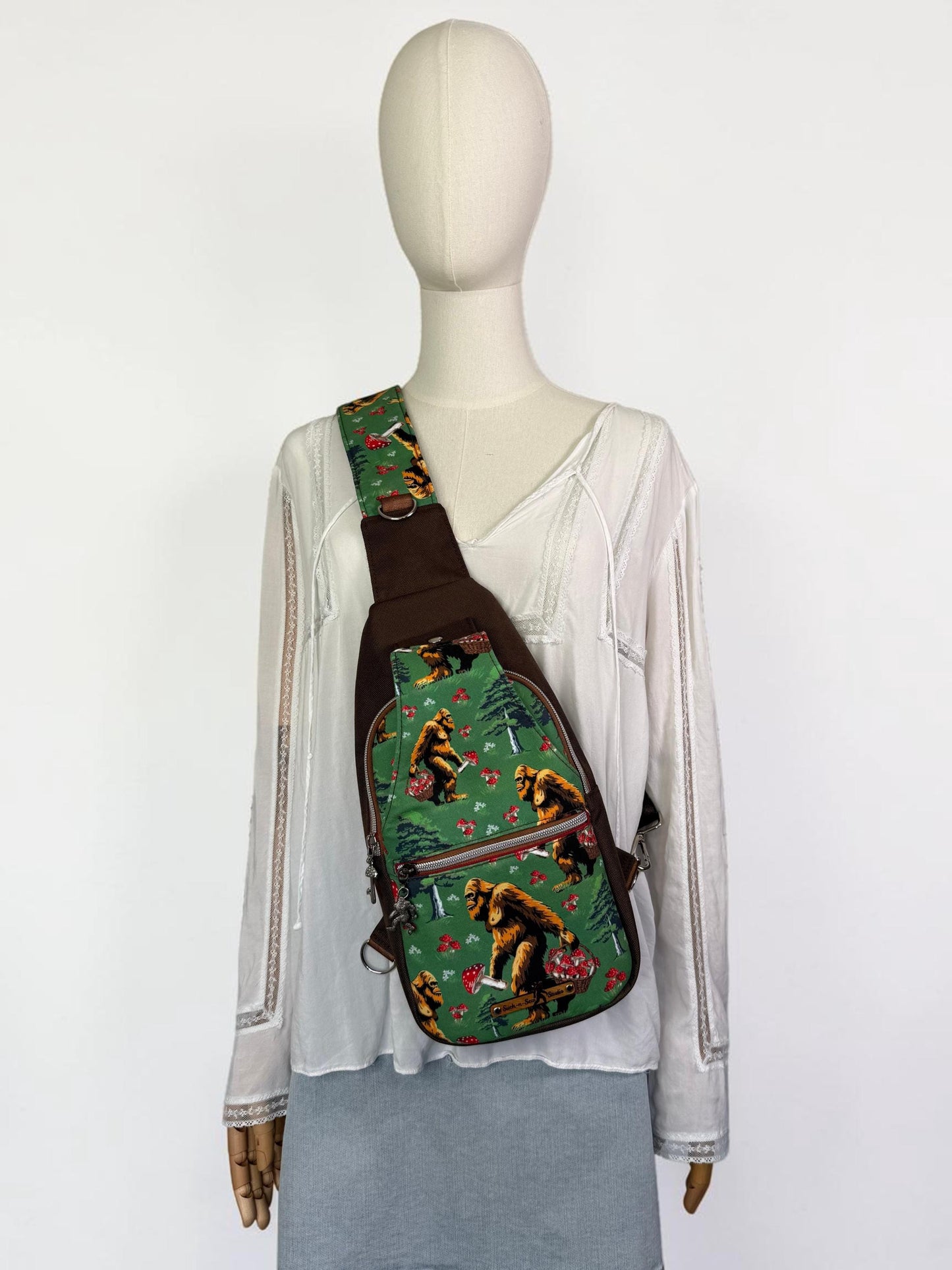 Bigfoot Picking Mushrooms Sling Bag Crossbody Retro Style