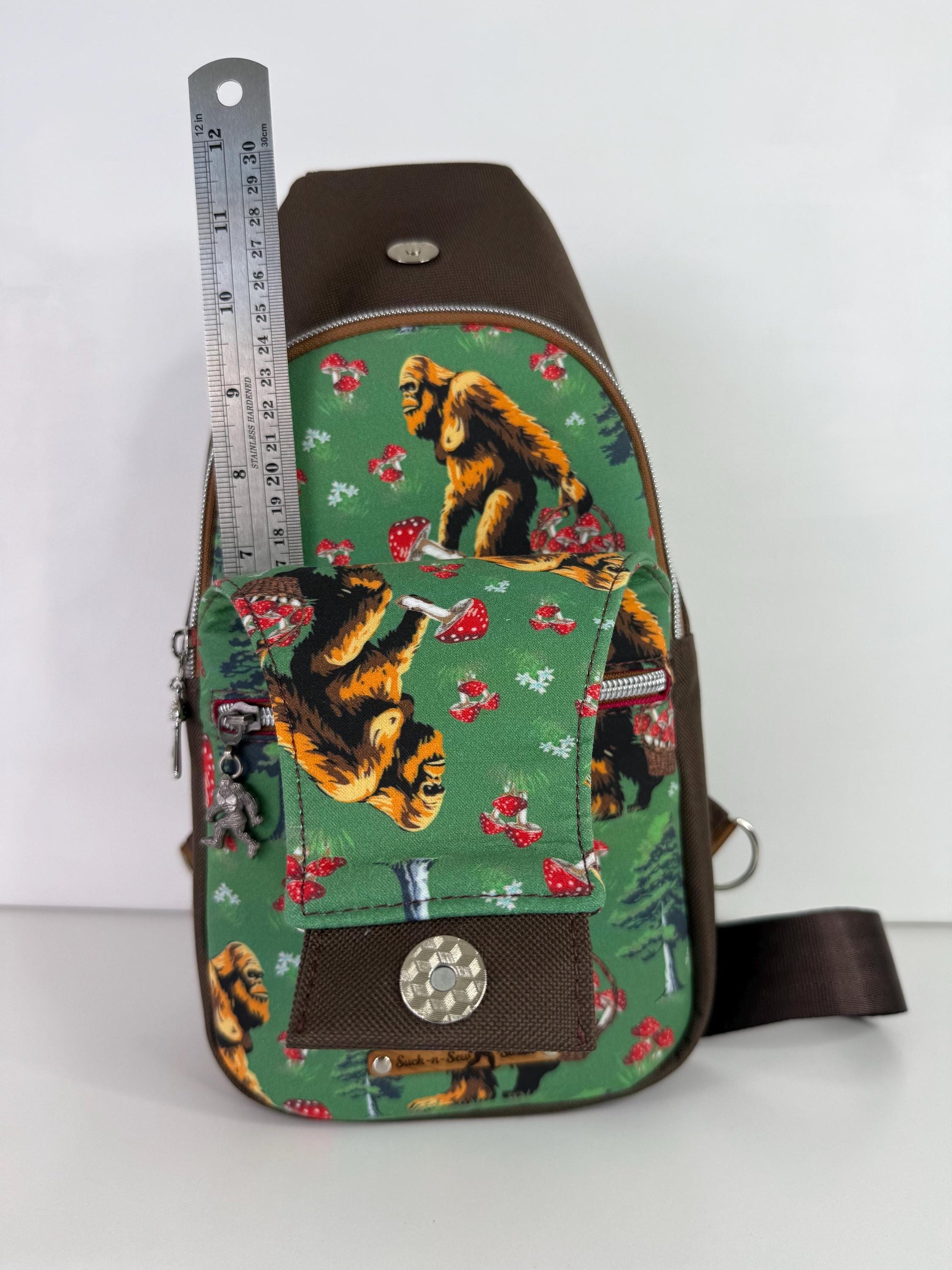 Bigfoot Picking Mushrooms Sling Bag Crossbody Retro Style