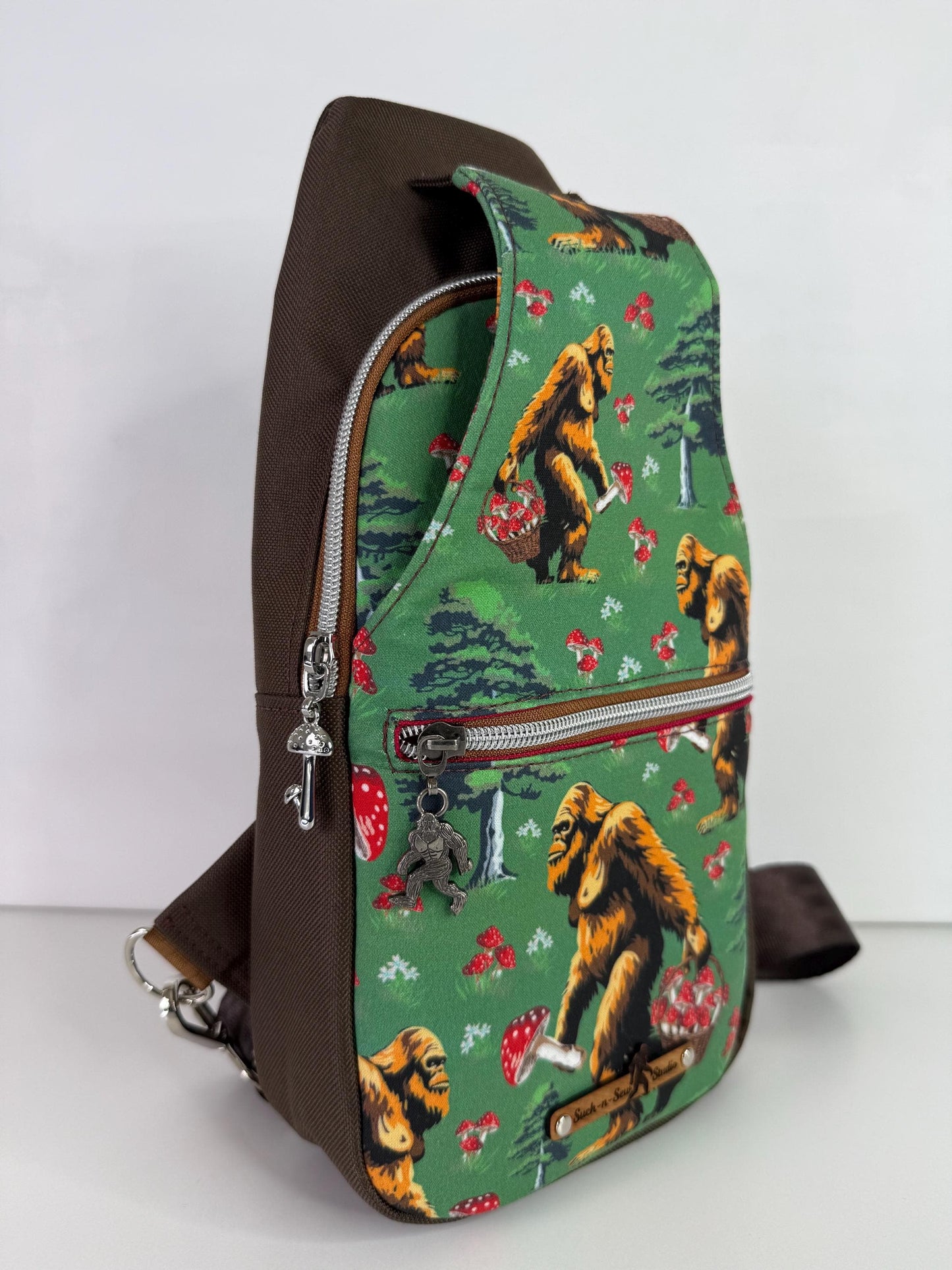 Bigfoot Picking Mushrooms Sling Bag Crossbody Retro Style
