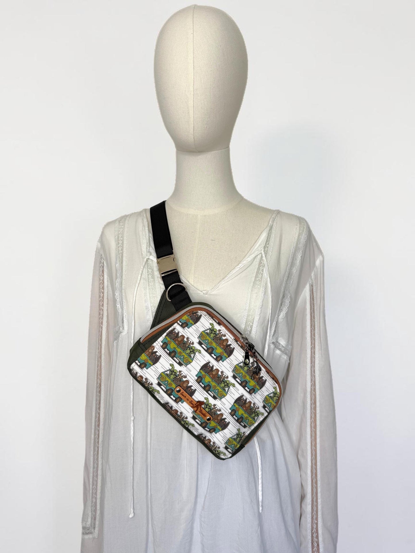 Cryptids Riding in Mystery Machine Sling Bag Waist Fanny Pack