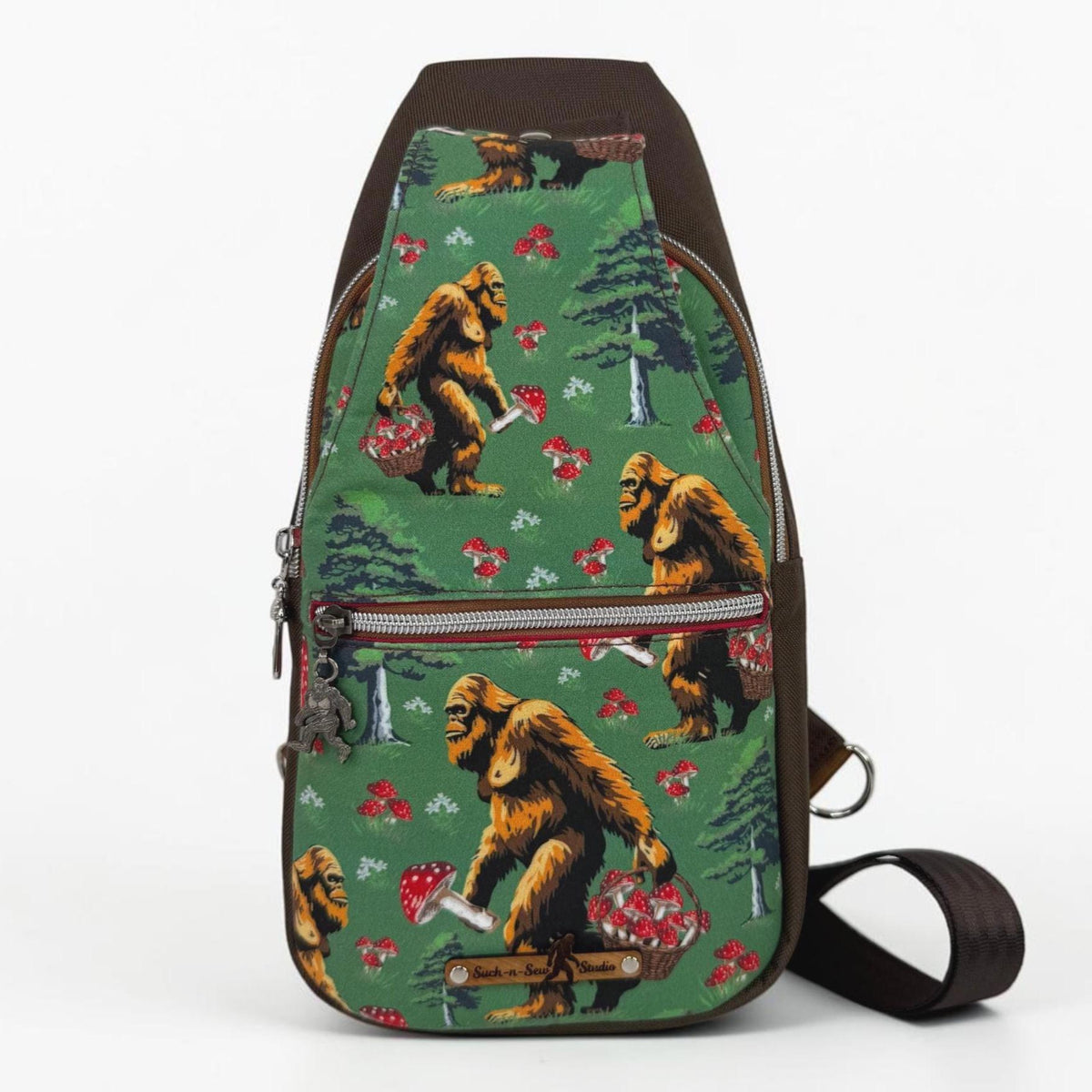 Bigfoot Picking Mushrooms Sling Bag Crossbody Retro Style