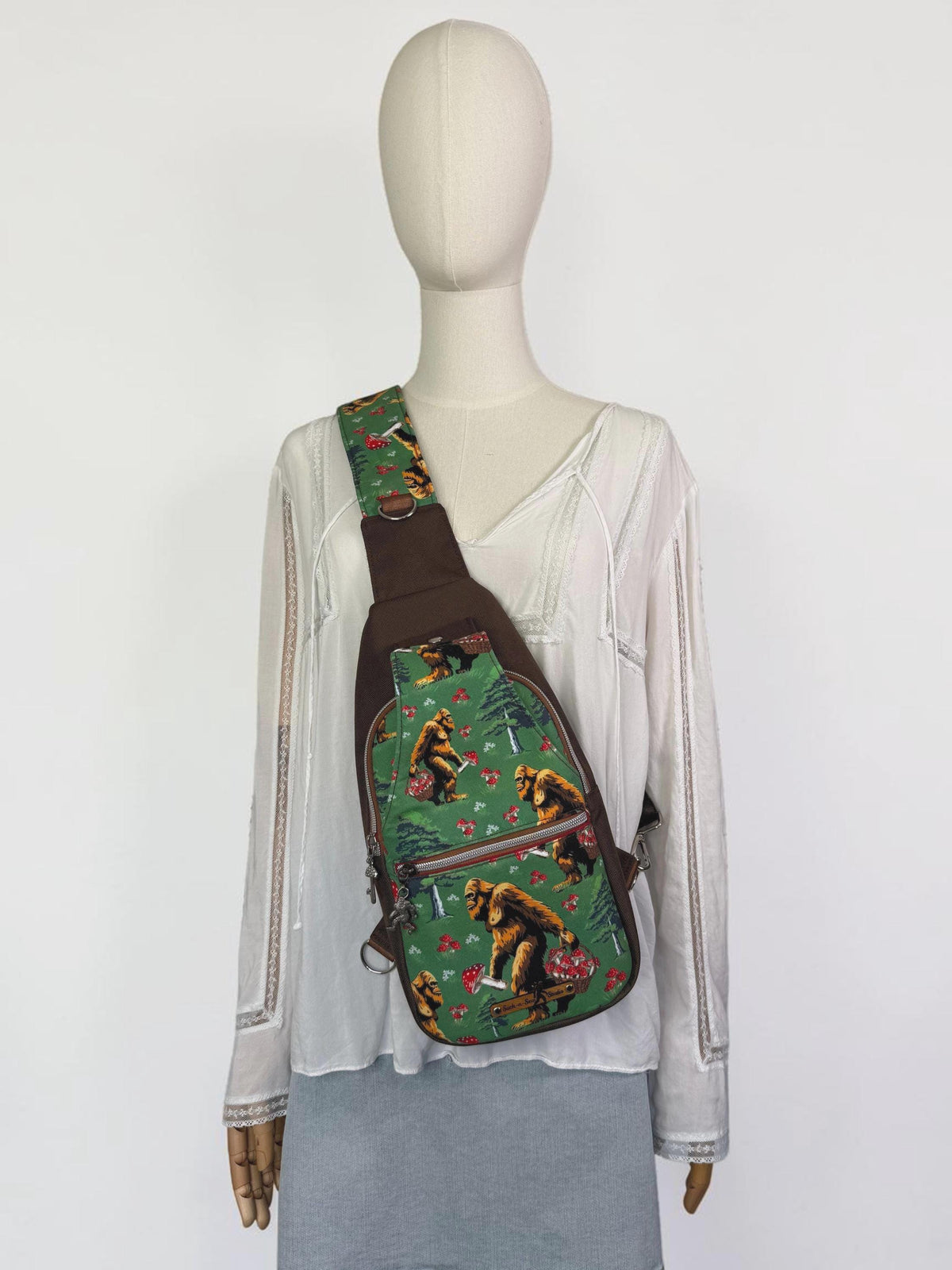 Bigfoot Picking Mushrooms Sling Bag Crossbody Retro Style