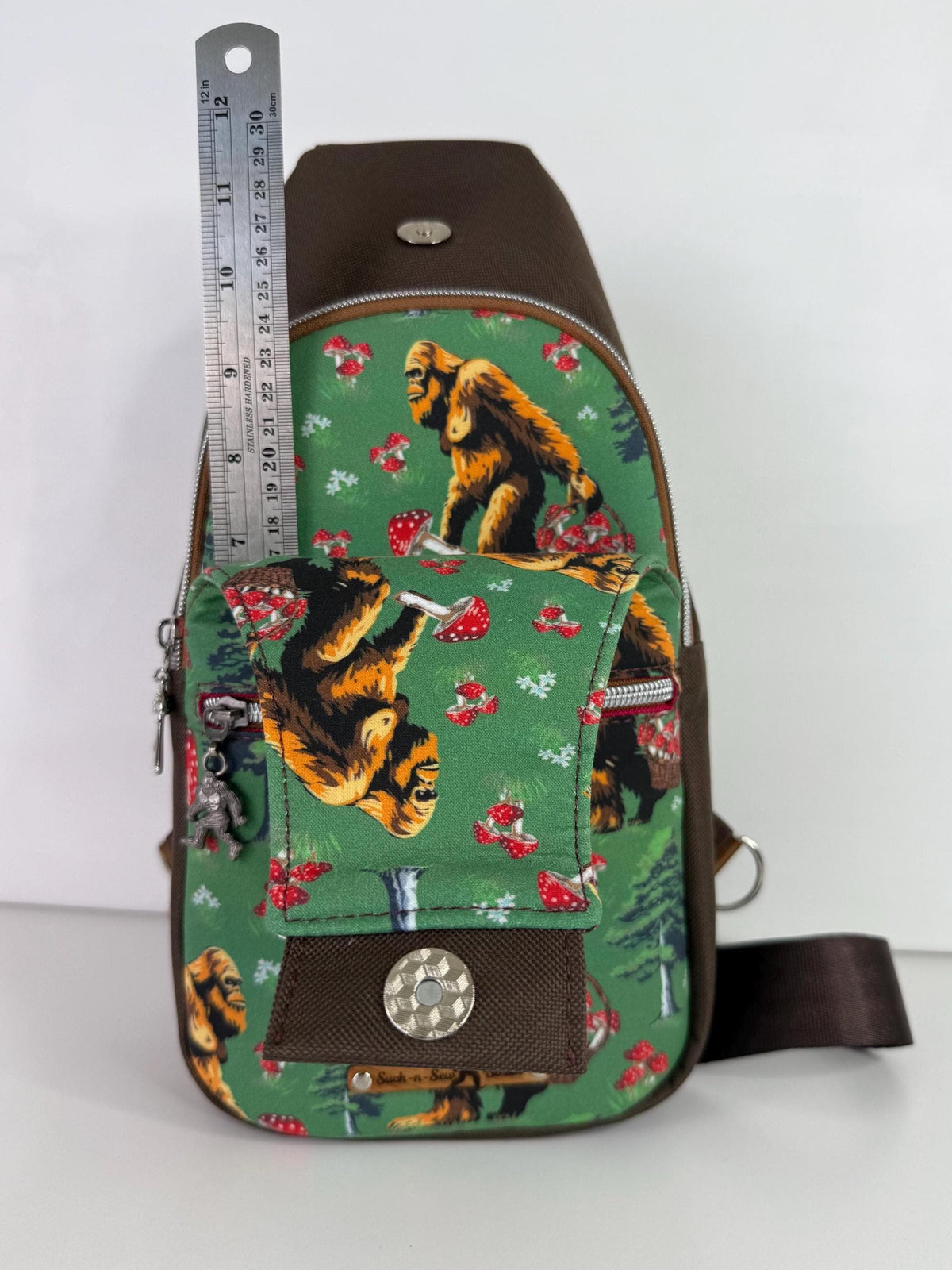 Bigfoot Picking Mushrooms Sling Bag Crossbody Retro Style