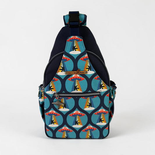 Groovy Alien Abducting Bigfoot Convertible Backpack Crossbody Sling