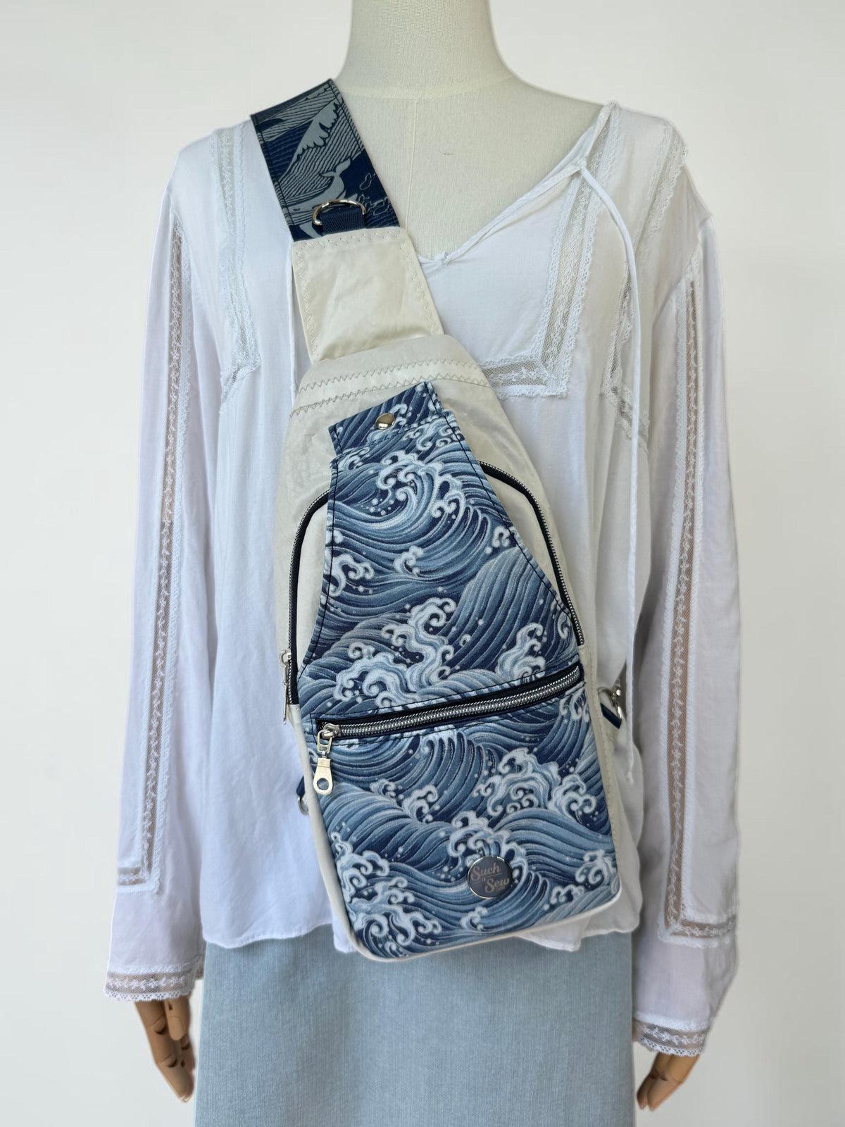 Upcycled Sailcloth with Waves Sling Bag