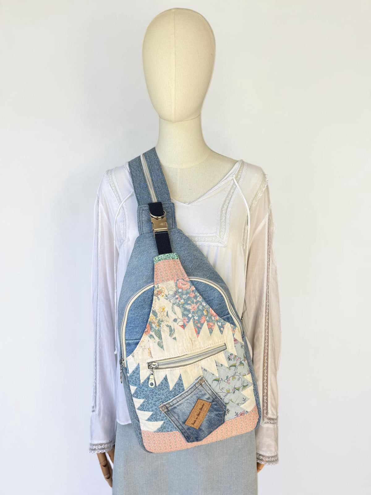 Upcycled Vintage Quilt and Denim Convertible Sling Bag to Backpack