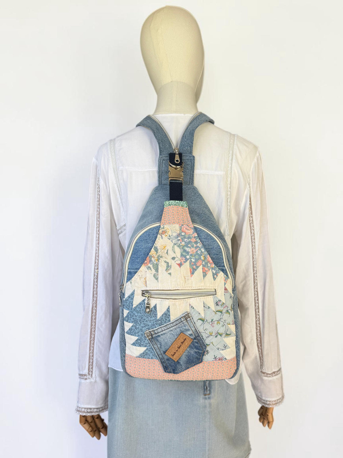 Upcycled Vintage Quilt and Denim Convertible Sling Bag to Backpack