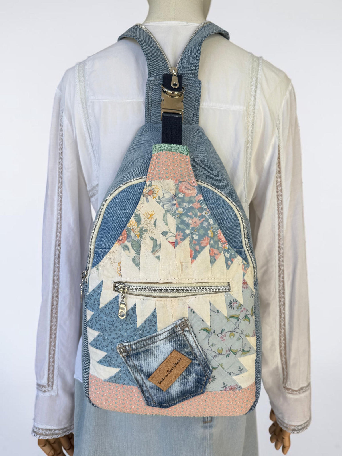 Upcycled Vintage Quilt and Denim Convertible Sling Bag to Backpack